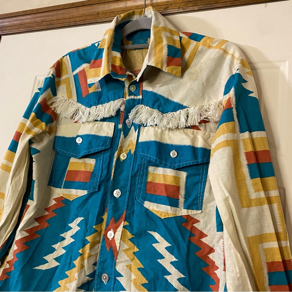 Vintage Mens Large Unisex Southwestern Frayed Tassle Long Sleeve Button Down - Picture 2 of 7
